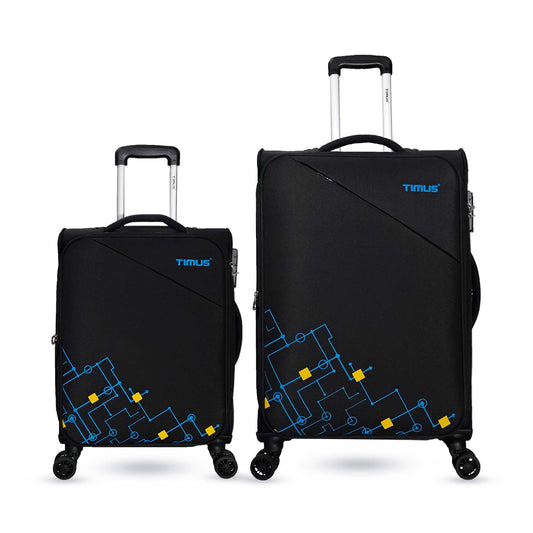 Two pieces of soft luggage, one smaller and one medium-sized, with a geometric pattern in blue and yellow on a black background, and the brand 'TIMUS' shown upright with top handles and spinner wheels.