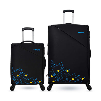 A set of black soft travel bags with geometric front design for cabin size and large trolley bags with Timus logo, shown upright with spinner wheels and top handles visible.