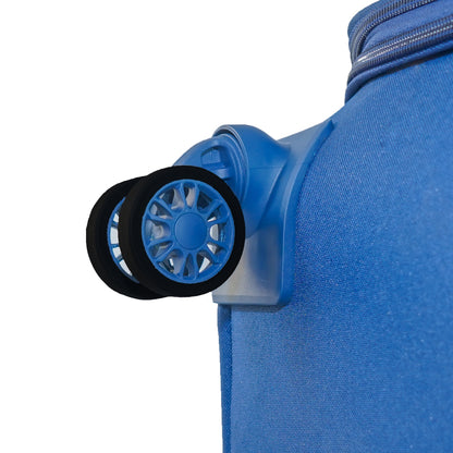 Close-up of a 360-degree wheel on blue flash plus soft luggage