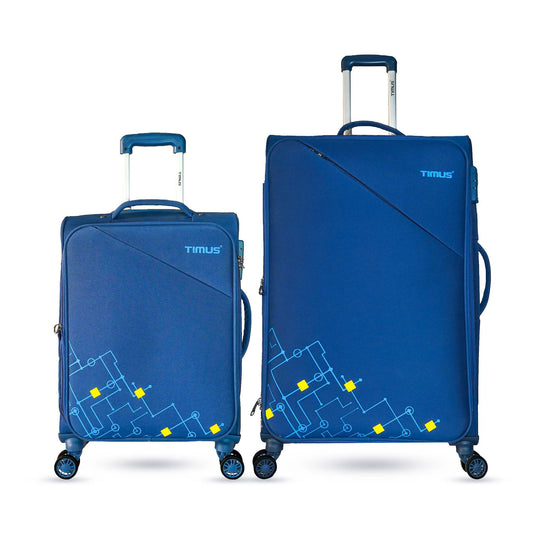 Two blue soft travel bags with geometric front design including cabin size and large lugagge bags with Timus logo, shown upright with spinner wheels and top handles visible