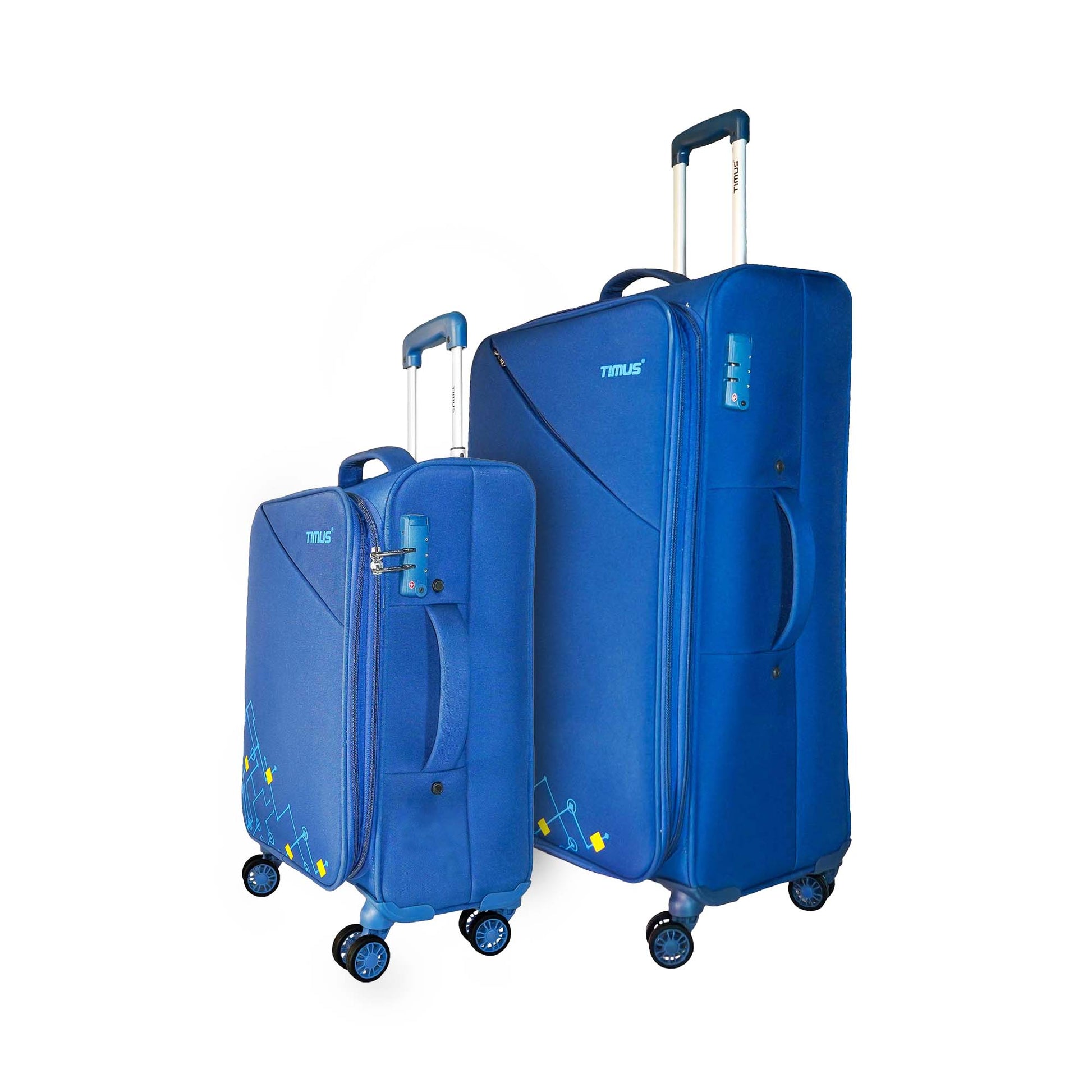 A set of blue expandable soft travel bags – 58cm and 78cm – side view with TSA locks, padded side handles, and spinner wheels.