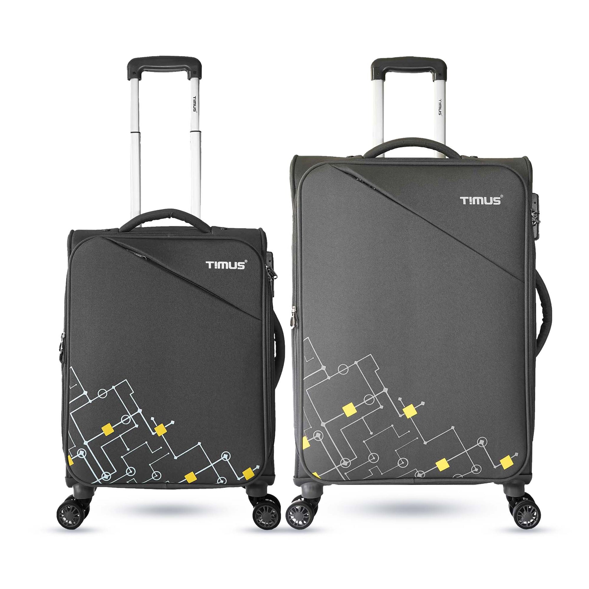 A set of grey soft travel bags with geometric front pattern and Timus logo shown upright with top handles and spinner wheels.
