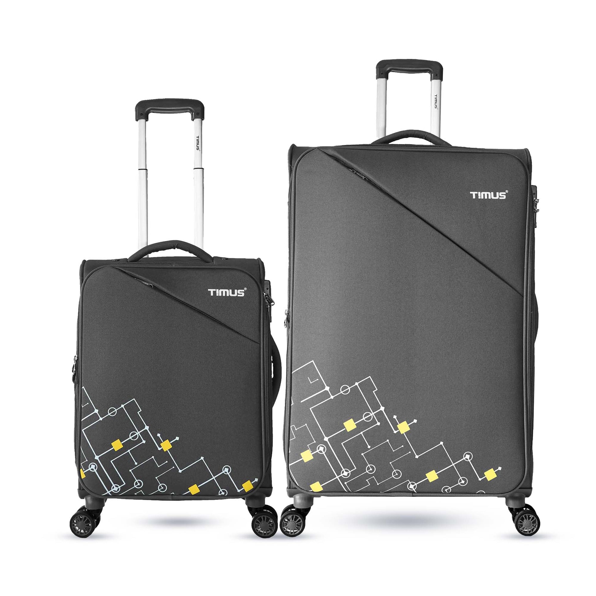 Two pieces of soft luggage, a smaller and a larger suitcase, in grey color with a geometric pattern, featuring wheels and trolley handles.