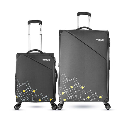 Two pieces of soft luggage, a smaller and a larger suitcase, in grey color with a geometric pattern, featuring wheels and trolley handles.