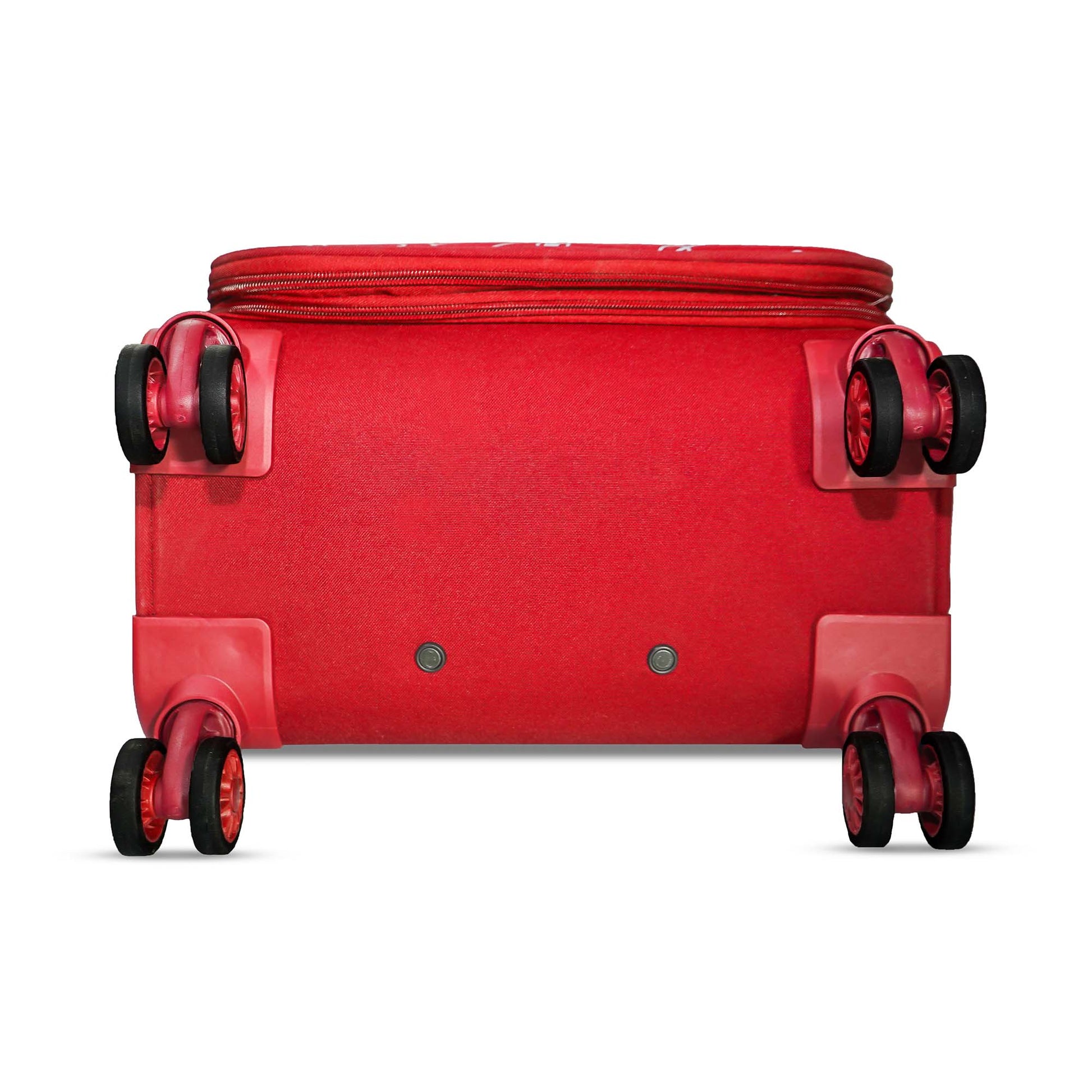 Bottom view of red Flash Plus luggage showing 8 smooth spinner wheels for easy mobility