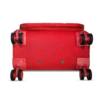 Bottom view of red Flash Plus luggage showing 8 smooth spinner wheels for easy mobility
