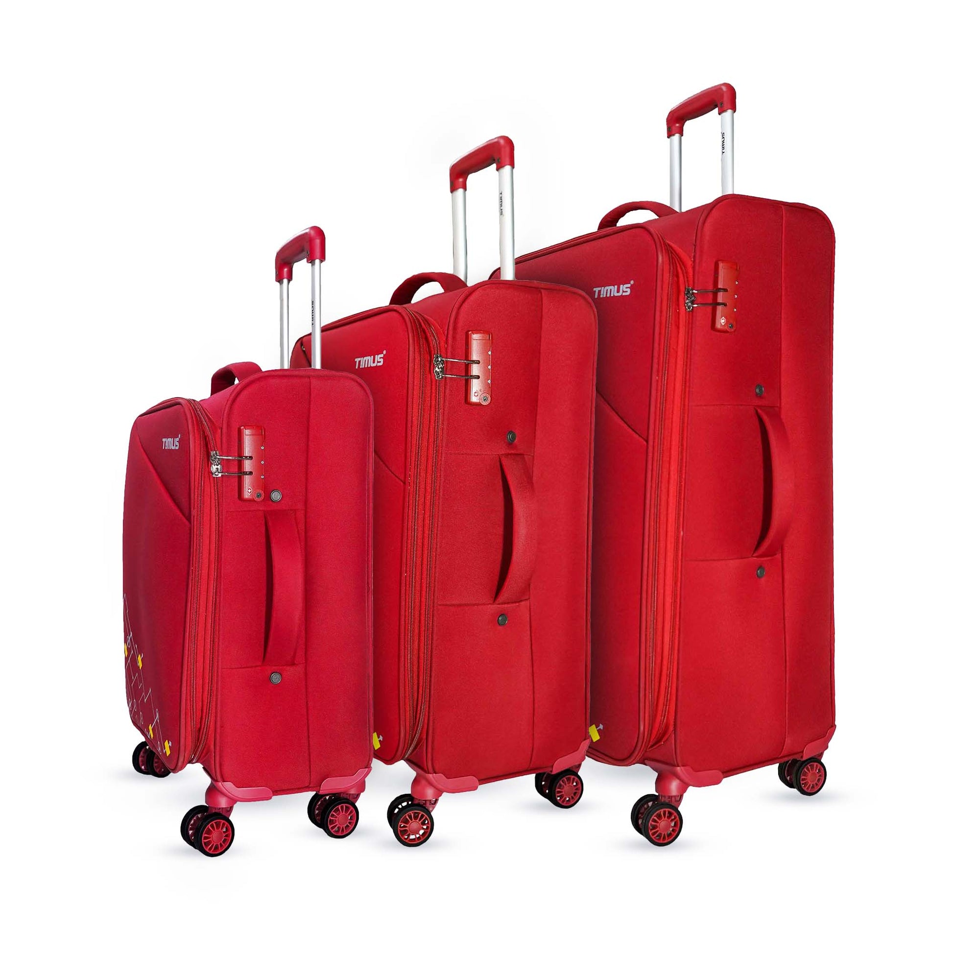 A set of three expandable soft luggage bags in black color with spinner wheels and trolley handles.