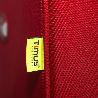 Timus brand tag on red Flash Plus soft luggage