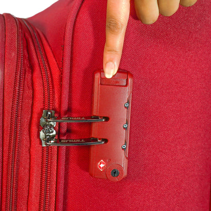 Close-up of TSA-approved lock on red Flash Plus soft luggage