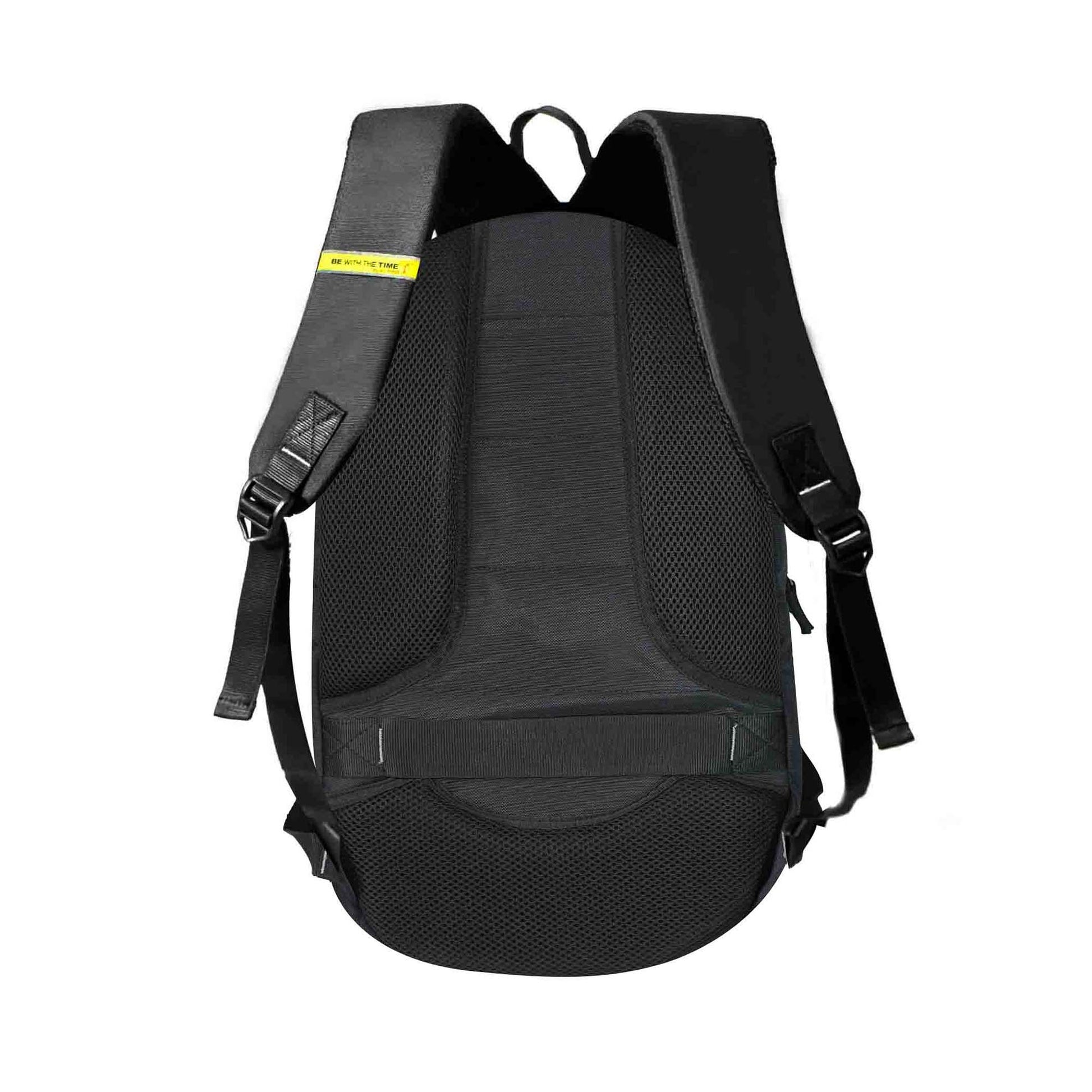 Rear view of Timus Here I Am backpack in black, featuring padded shoulder straps with adjustable buckles, breathable back panel for comfort, and a reinforced top loop for hanging or carrying.