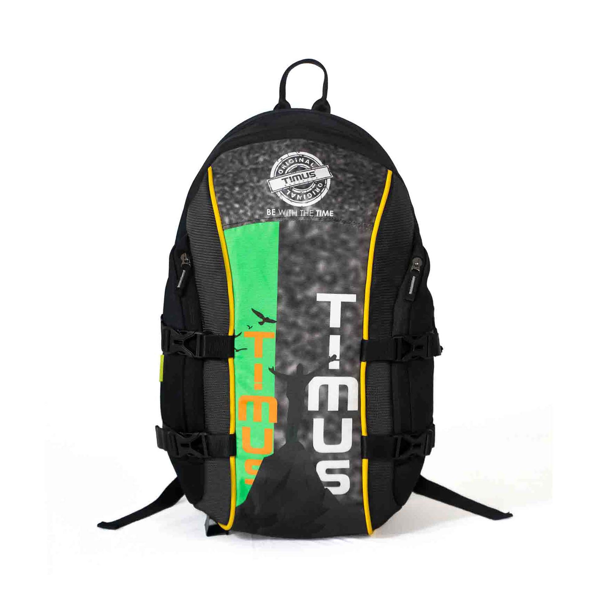 Front view of the Timus Here I Am backpack in black with bold vertical TIMUS branding, colorful green and orange graphic design, dual side compression straps, and a durable top haul loop for hanging or carrying.