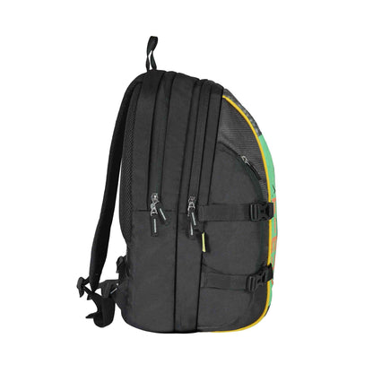Right side view of Timus Here I Am black backpack showcasing dual zippered compartments, compression straps, ergonomic shoulder strap design, and durable fabric construction.