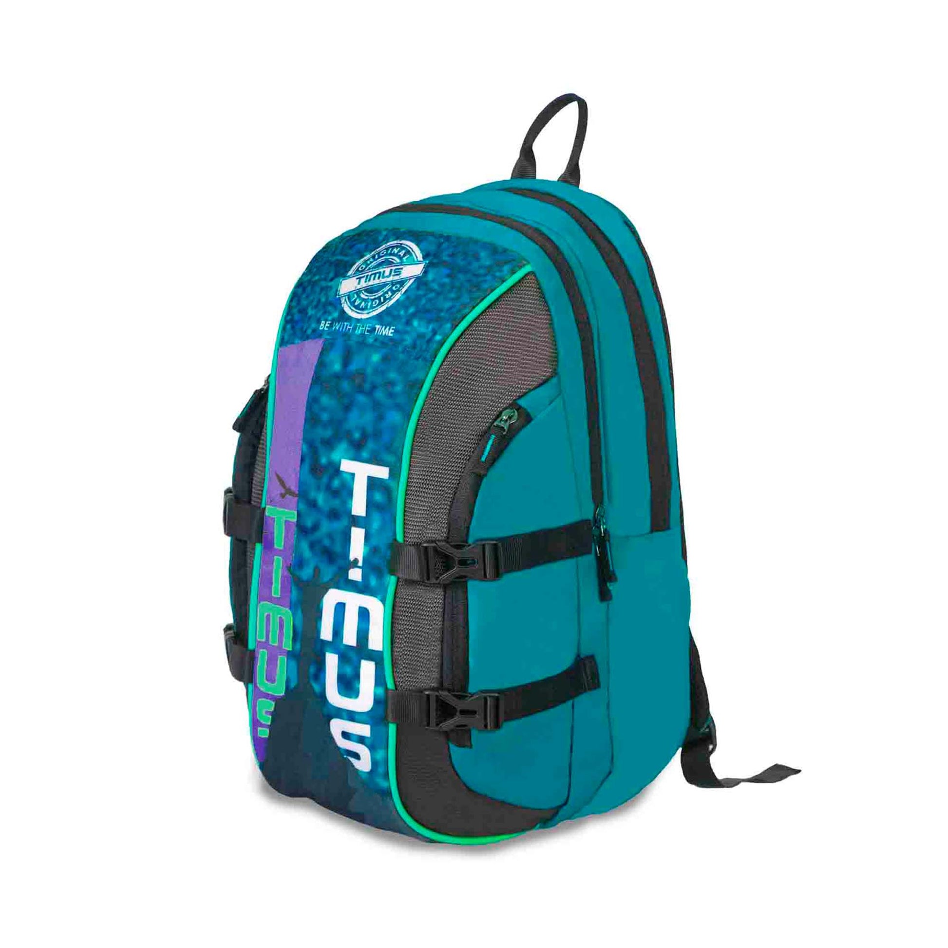 Left front angled view of blue Here I Am backpack with vertical TIMUS brand name, multiple zip compartments, black adjustable straps with side buckles, and top handle.