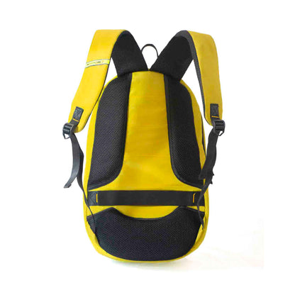 Back view of yellow Here I Am backpack showing padded mesh shoulder straps, top carrying handle, and breathable mesh back panel for comfort.