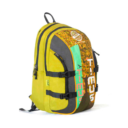 Right front angled view of yellow Here I Am backpack featuring vertical TIMUS brand name, multiple zip compartments, black adjustable straps, side compression buckles, and top carrying handle