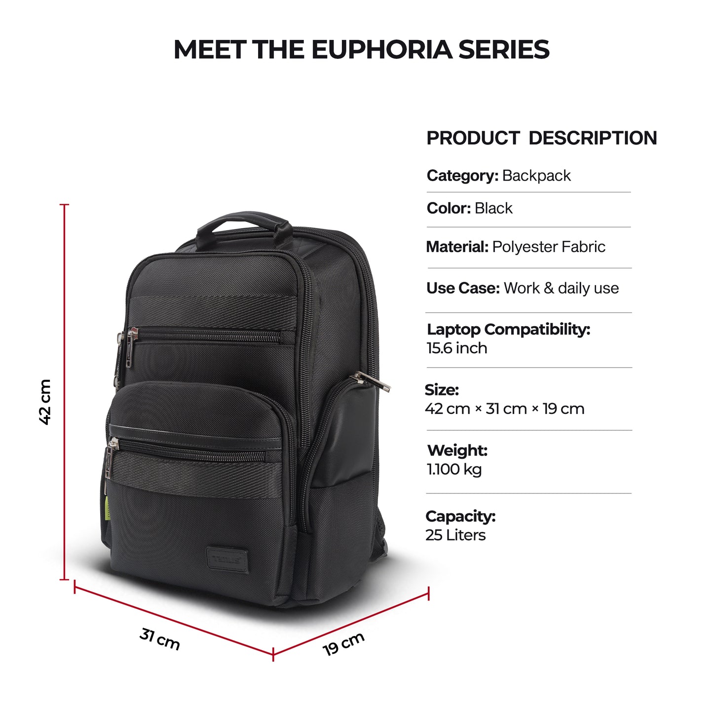 imus Boston Laptop Backpack dimension graphic showing length width height and overall size