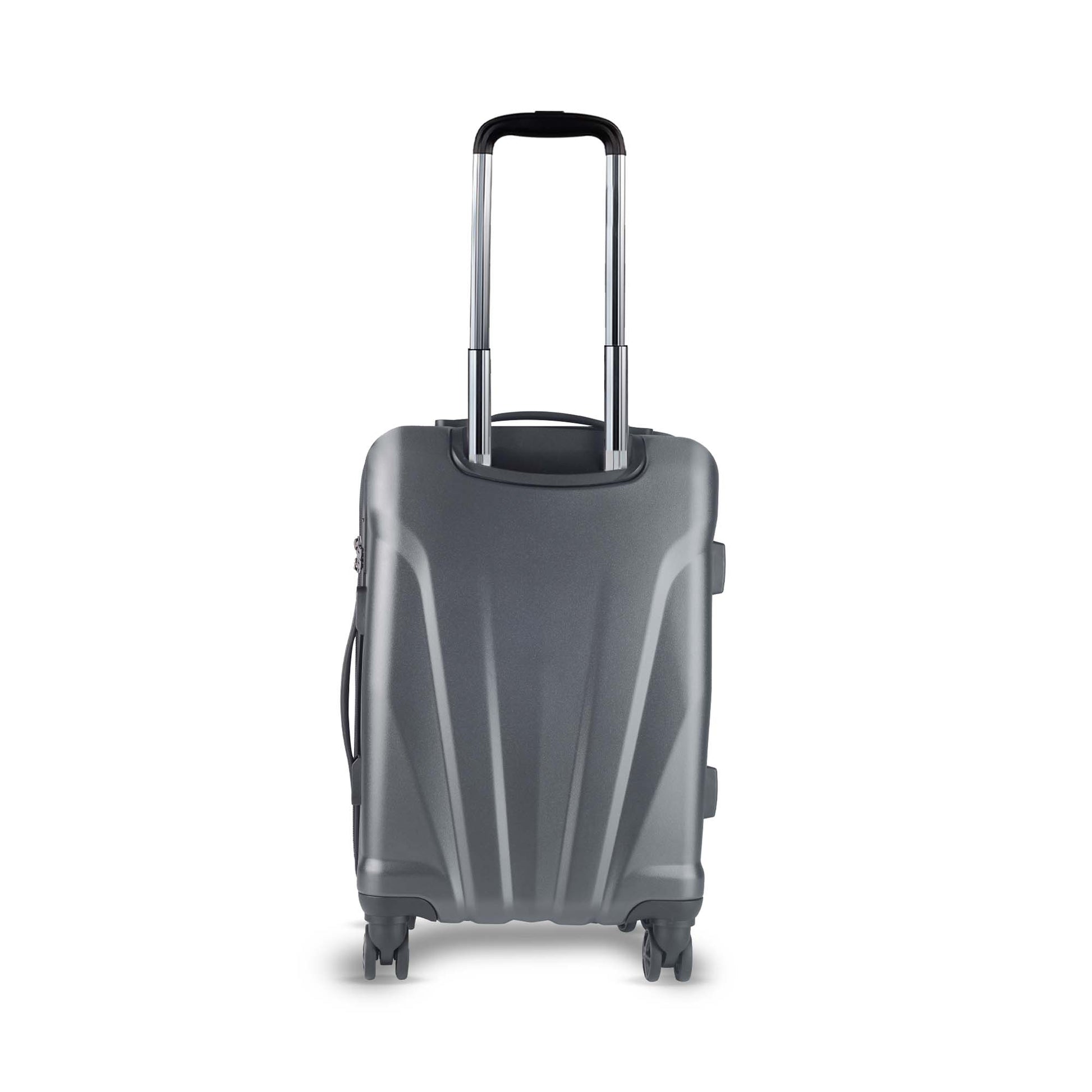 Timus Leolite grey trolley bag backside view featuring aluminium push button trolley handle, hard textured finish, and smooth silent spinner wheels.
