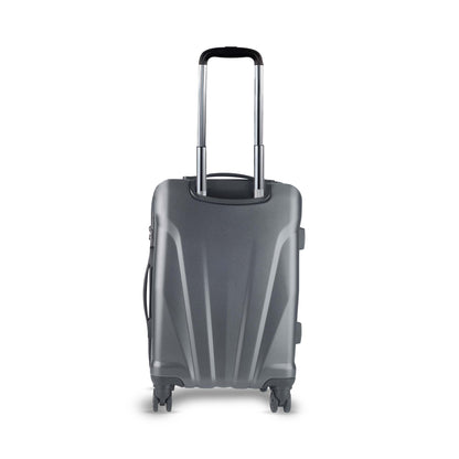 Timus Leolite grey trolley bag backside view featuring aluminium push button trolley handle, hard textured finish, and smooth silent spinner wheels.