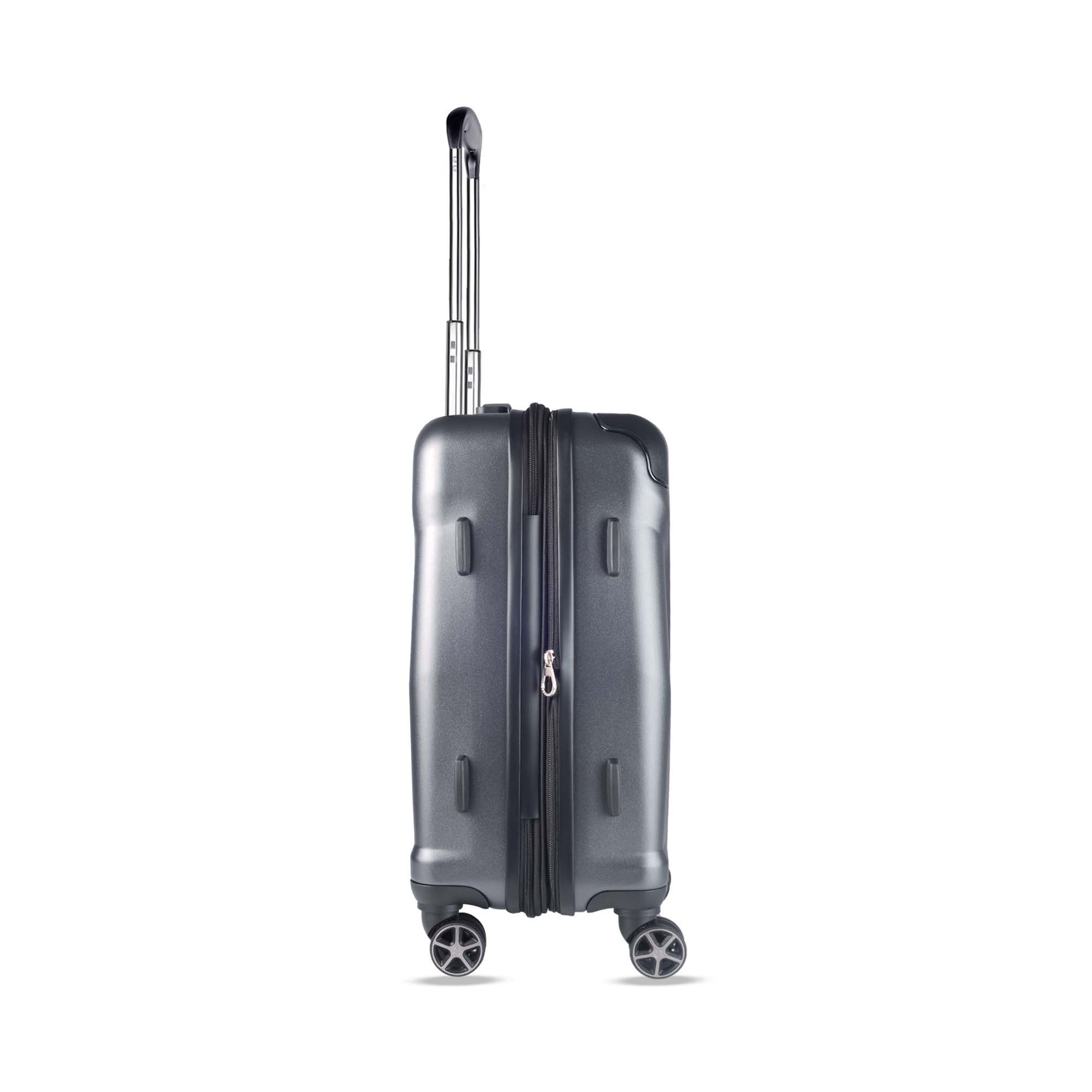 Timus Leolite grey trolley bag right side view showing aluminium push button trolley handle, expandable zipper, protective side lugs, and silent spinner wheels