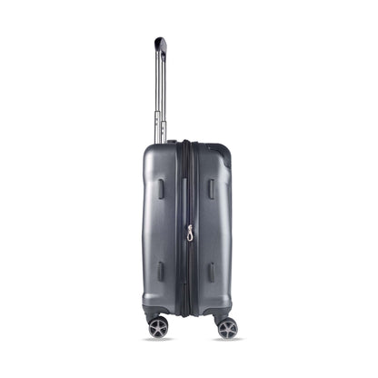 Timus Leolite grey trolley bag right side view showing aluminium push button trolley handle, expandable zipper, protective side lugs, and silent spinner wheels