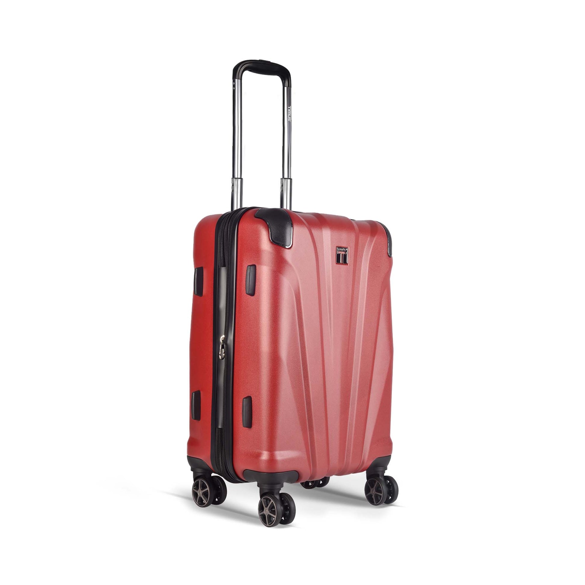 Timus Leolite red trolley bag right side angled view showing aluminium push button trolley handle, expandable zipper, protective side lugs, corner guards, and silent spinner wheels.