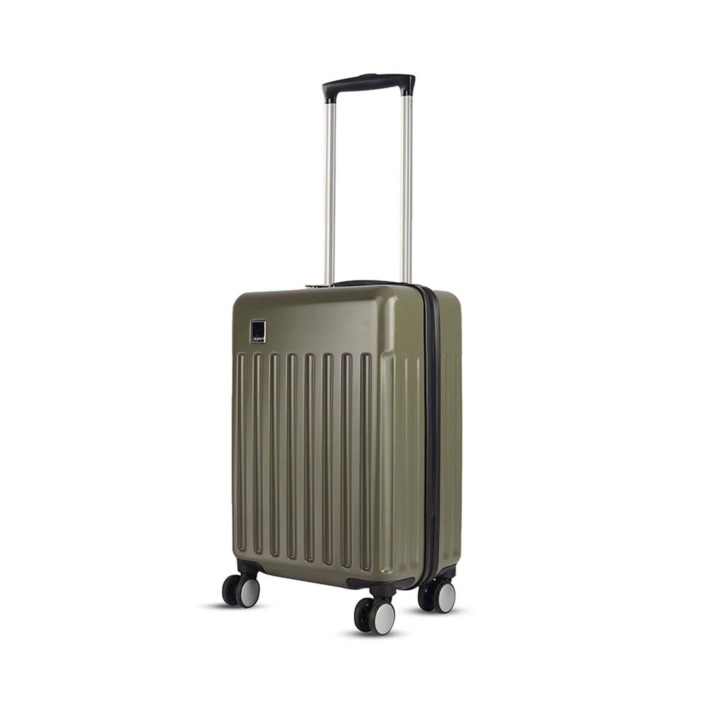 Left side angled view of Timus Neolite olive green cabin hard trolley luggage showcasing 360 degree double spinner wheels and extended telescopic trolley handle.