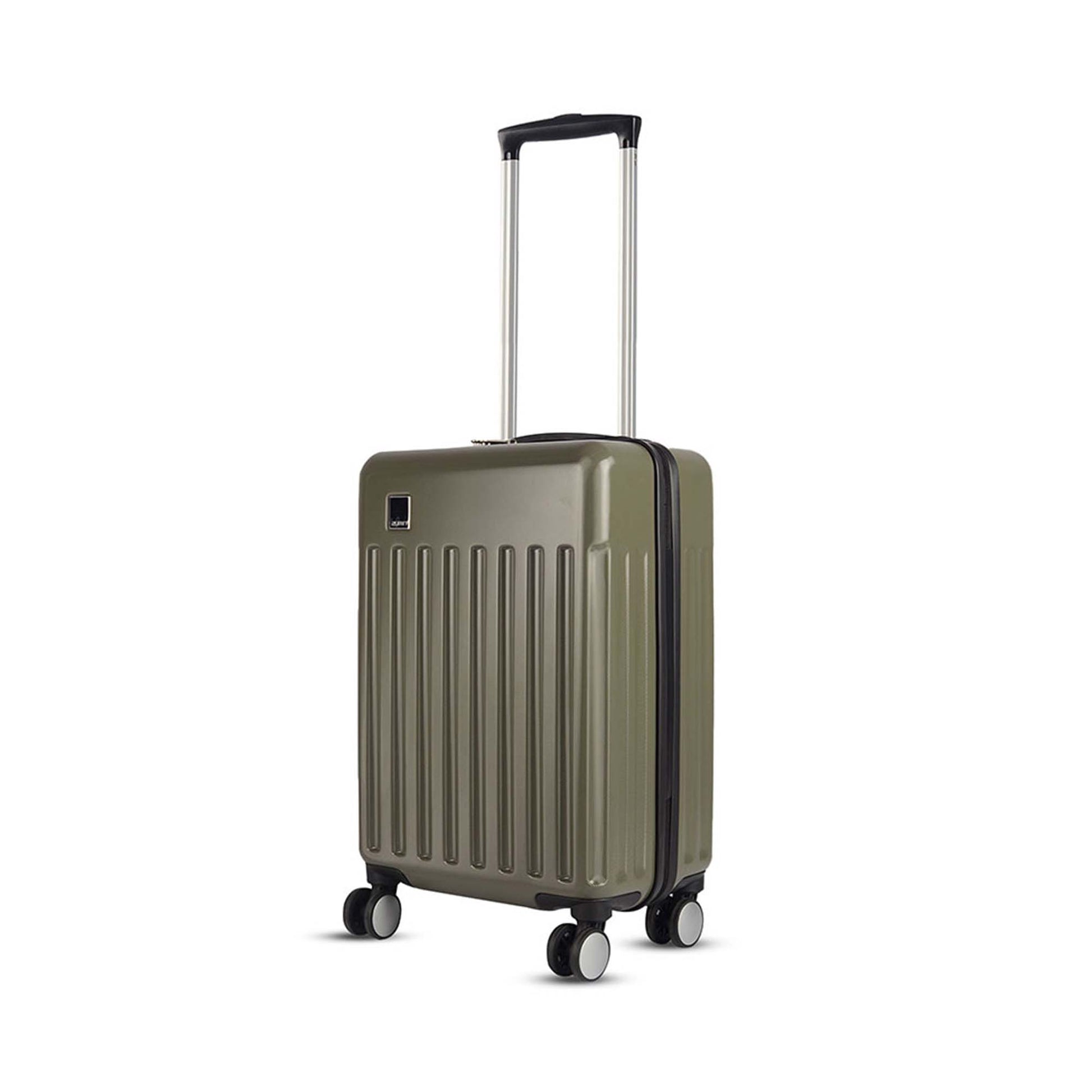 Left side angled view of Timus Neolite olive green cabin hard trolley luggage showcasing 360 degree double spinner wheels and extended telescopic trolley handle.