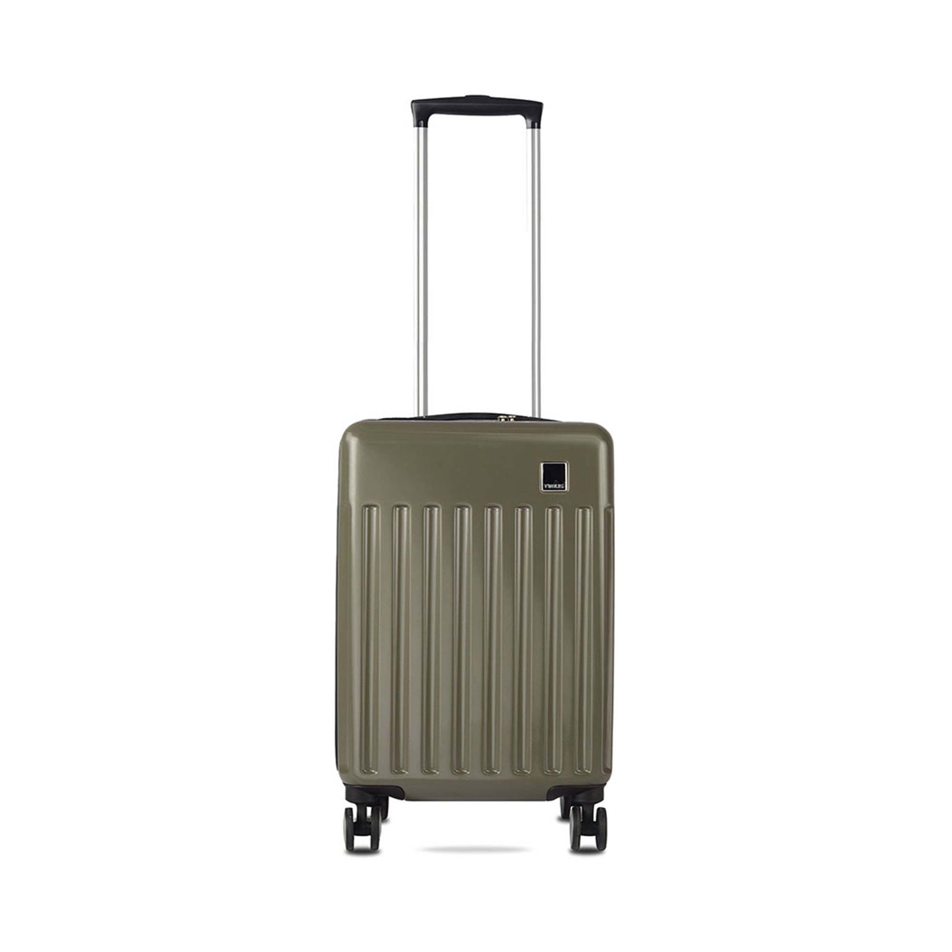 Front view of Timus Neolite olive green cabin hard trolley luggage with visible logo and textured shell with 360-degree double spinner wheels and extended sturdy telescopic handle.