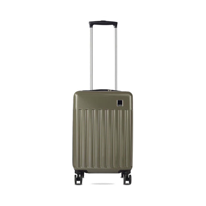 Front view of Timus Neolite olive green cabin hard trolley luggage with visible logo and textured shell with 360-degree double spinner wheels and extended sturdy telescopic handle.