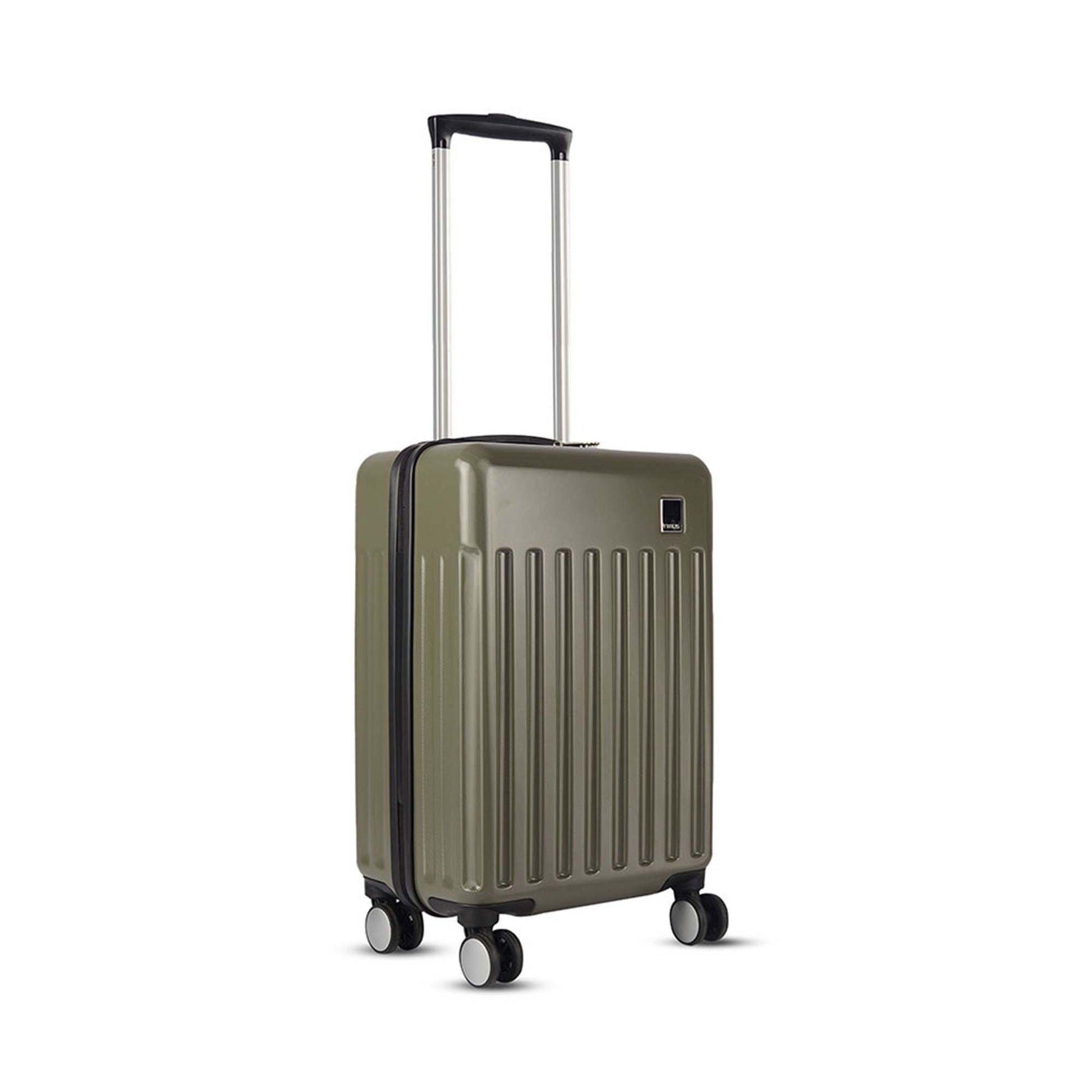 Right side angled view of Timus Neolite olive green cabin size luggage with 360-degree spinner wheels and extended telescopic handle with textured hard shell design.