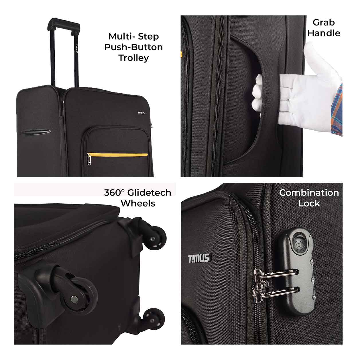 Collage showing key features of Nexon black luggage including push-button trolley, grab handle, 360-degree Glidetech wheels, and secure combination lock.