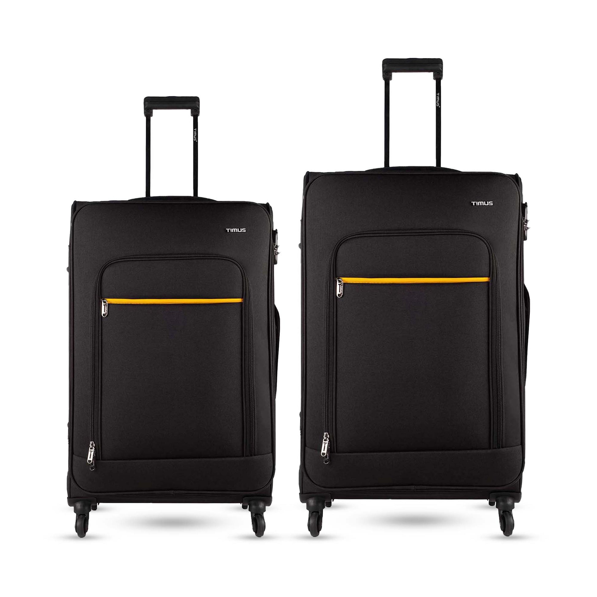 Two pieces of Nexon soft luggage, one medium and one large, in black with yellow accents, featuring wheels and a telescopic trolley handle.