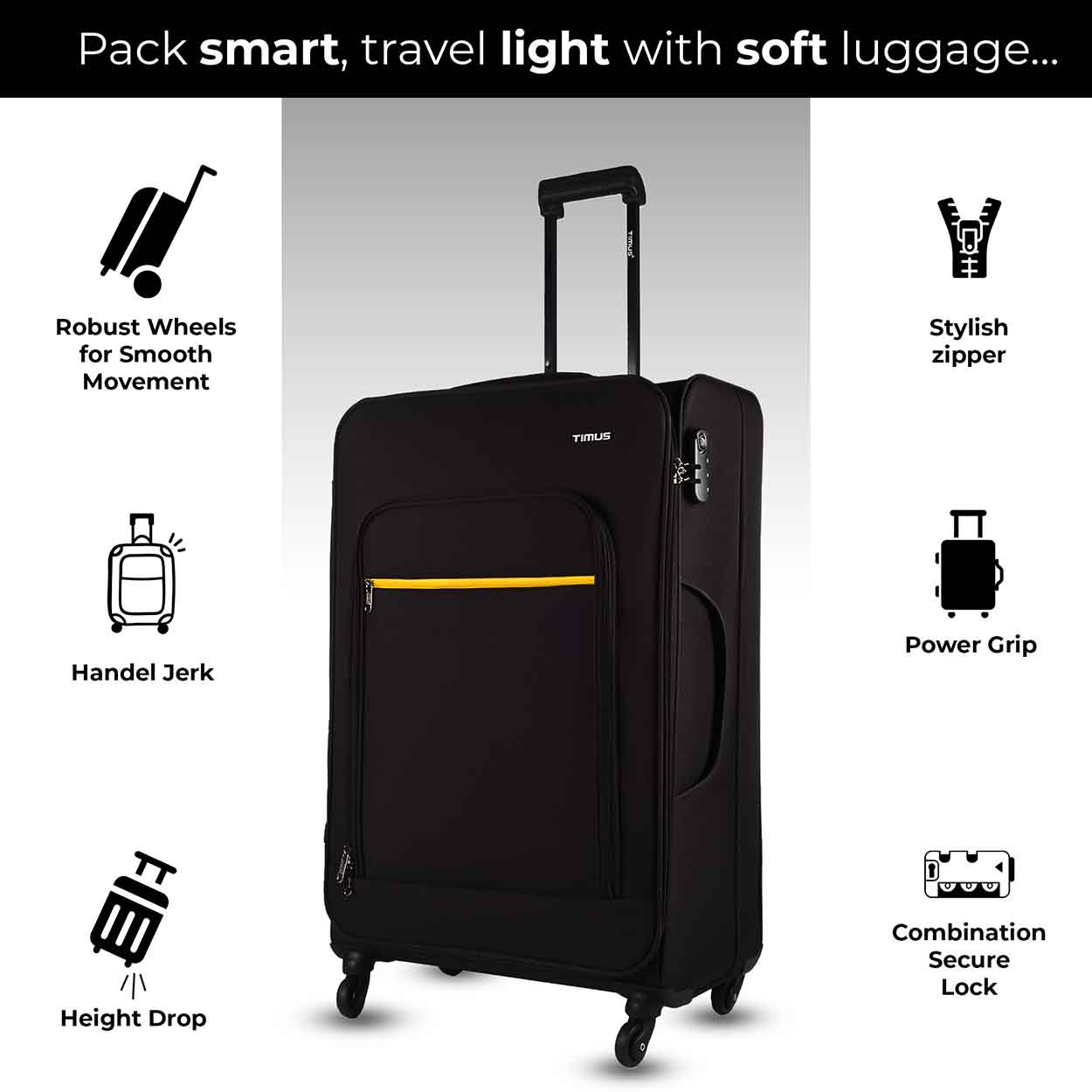 Front view of black Nexon soft luggage with yellow zipper, extended trolley handle, and icons showing wheels, grip, zipper, and secure lock features.