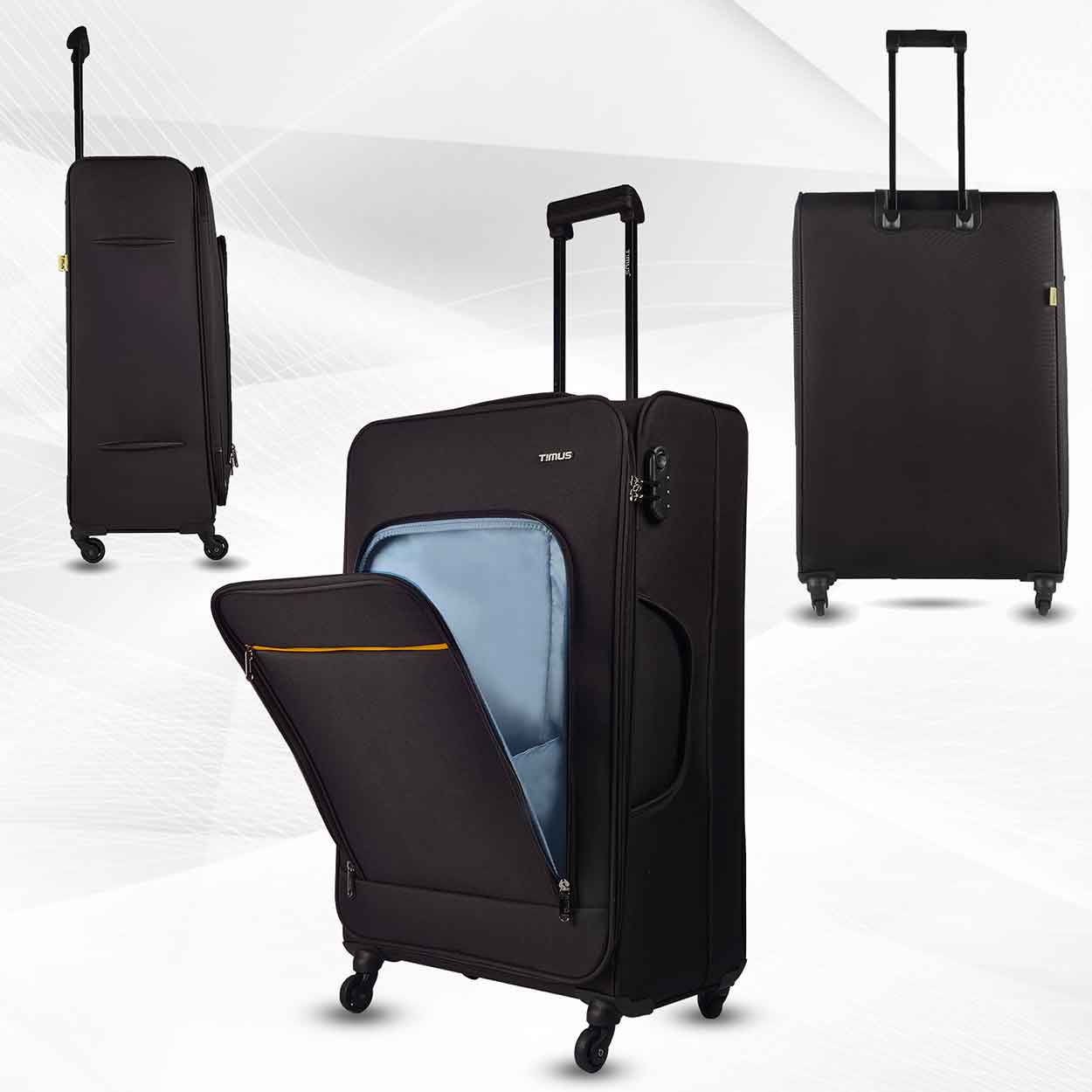 Black Nexon soft luggage shown from front, side, and rear angles, with front pocket unzipped to reveal light blue interior and yellow trim.