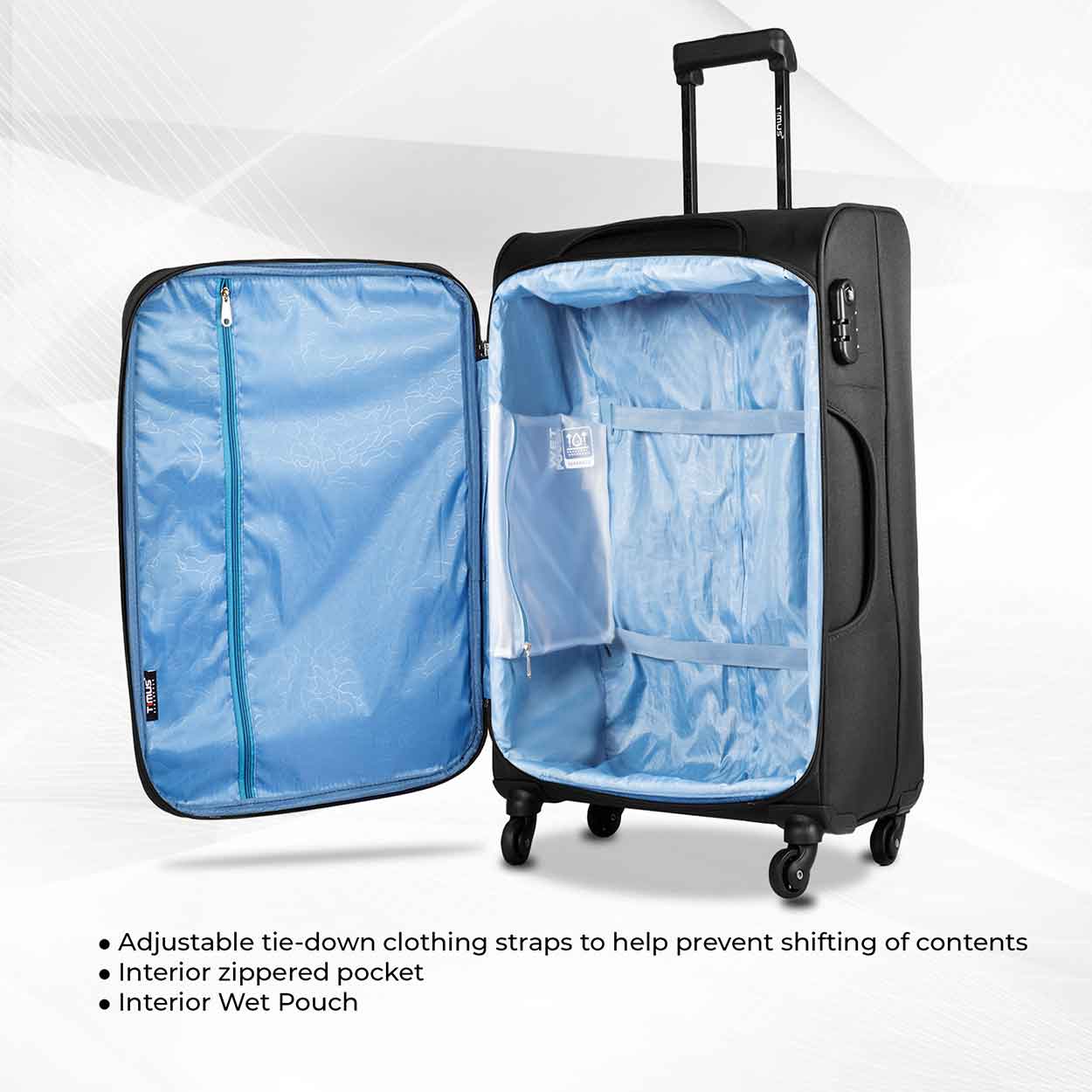 Open view of Nexon black soft luggage showcasing light blue interior with adjustable tie-down straps, zippered pocket, and interior wet pouch.