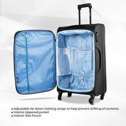 Open view of Nexon black soft luggage showcasing light blue interior with adjustable tie-down straps, zippered pocket, and interior wet pouch.