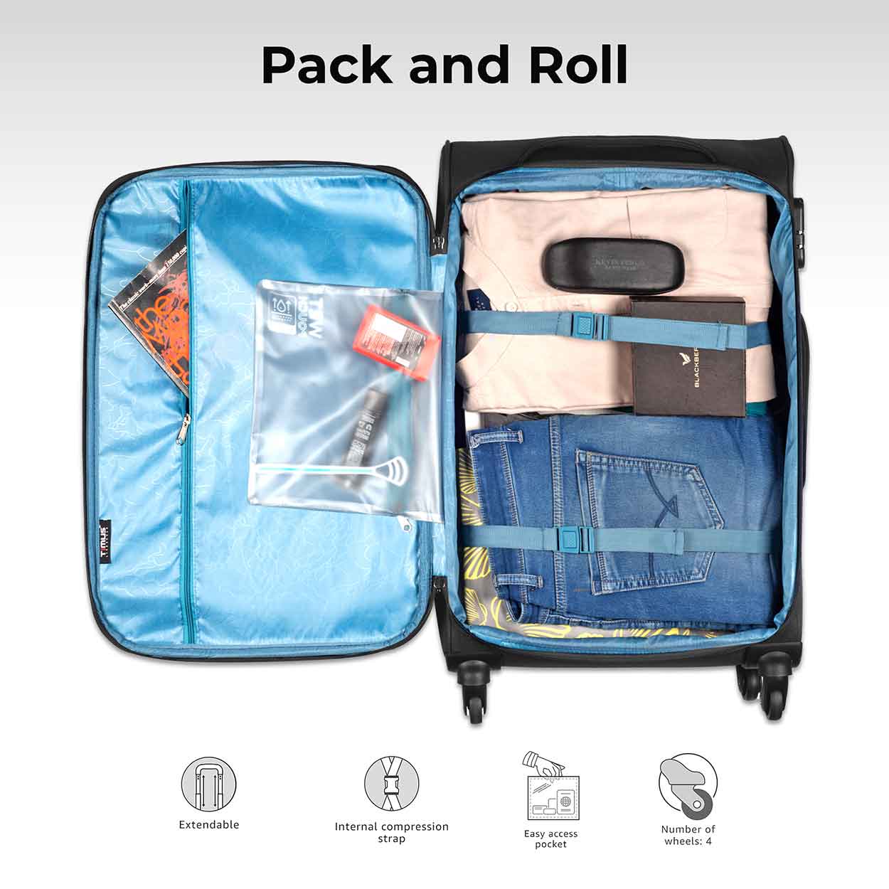 Open Nexon black luggage filled with neatly packed clothes using compression straps, showing internal zip pocket and wet pouch on the flap.
