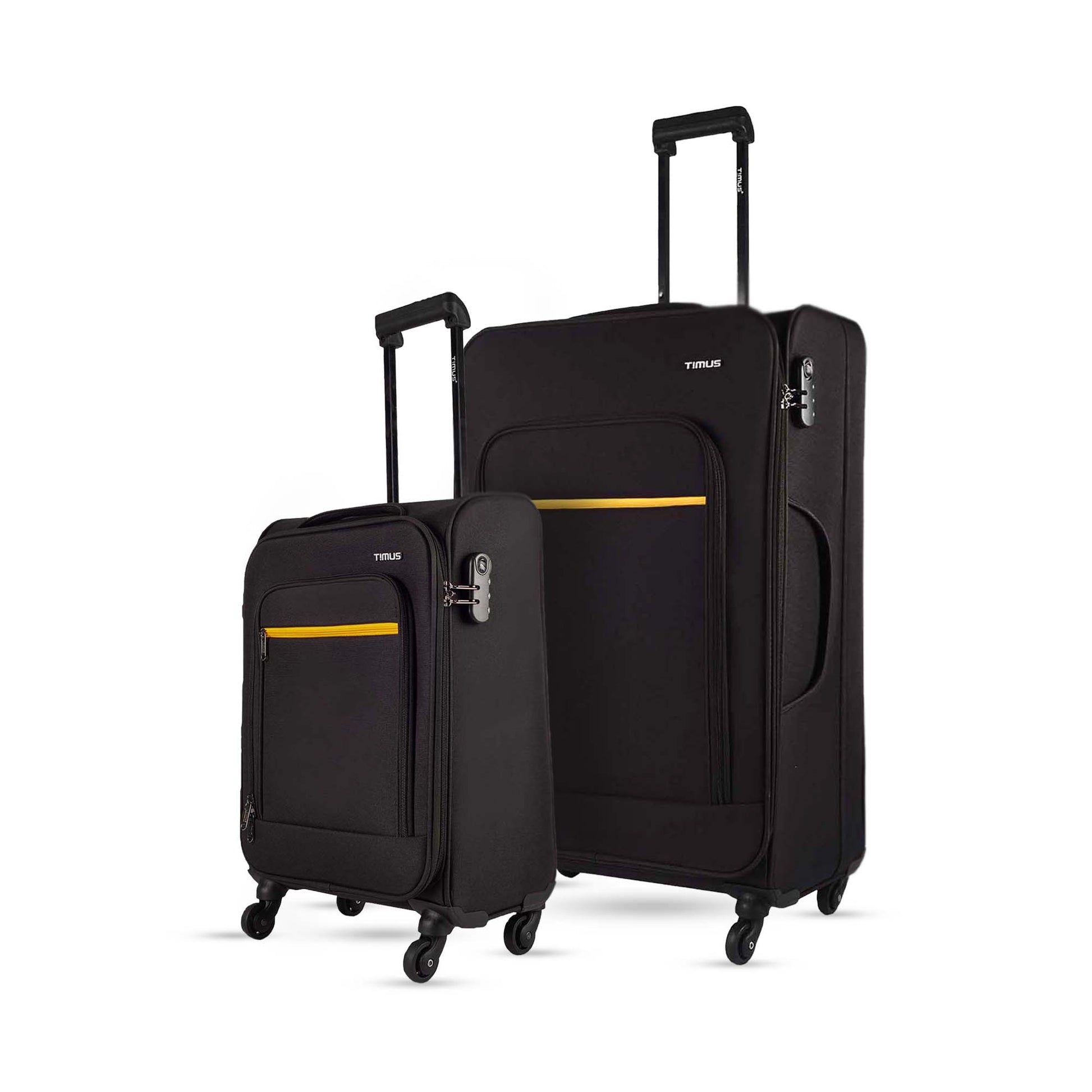 Side angle of Nexon soft luggage 58-78 combo in black with yellow accents, showing trolley handles, combination locks, and 360-degree wheels.