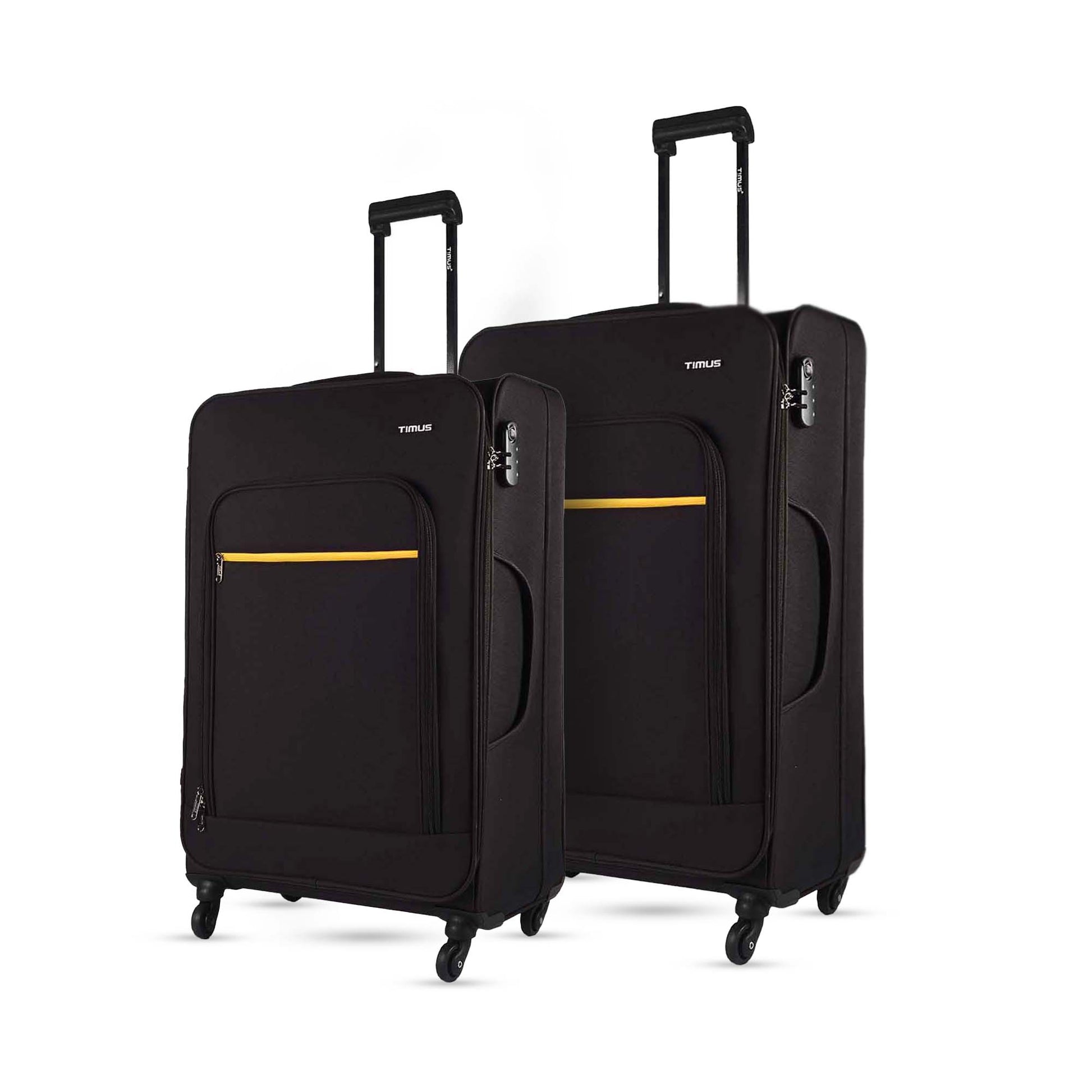 Side view of black Nexon luggage set with yellow zipper accents, highlighting combination locks, expanded trolley handles, and 360-degree wheels.