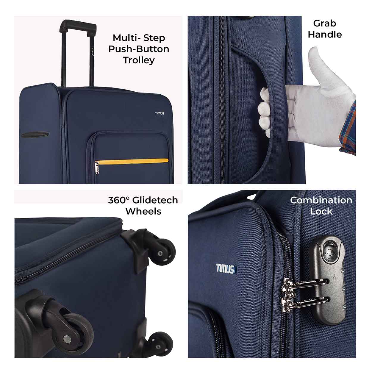 Collage showing key features of Nexon blue luggage including push-button trolley, grab handle, 360-degree Glidetech wheels, and secure combination lock.
