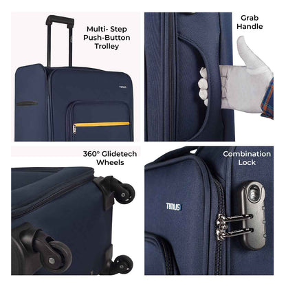 Collage showing key features of Nexon blue luggage including push-button trolley, grab handle, 360-degree Glidetech wheels, and secure combination lock.