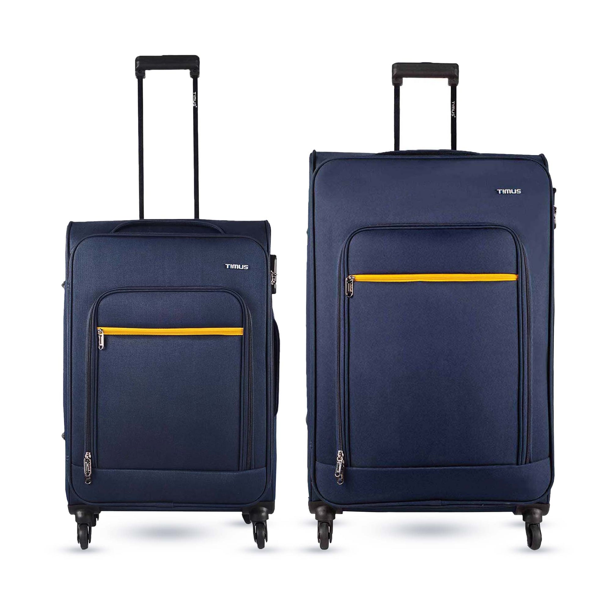 Two pieces of Nexon soft luggage, one larger and one smaller, in blue color with yellow accents, featuring wheels and a trolley handle.