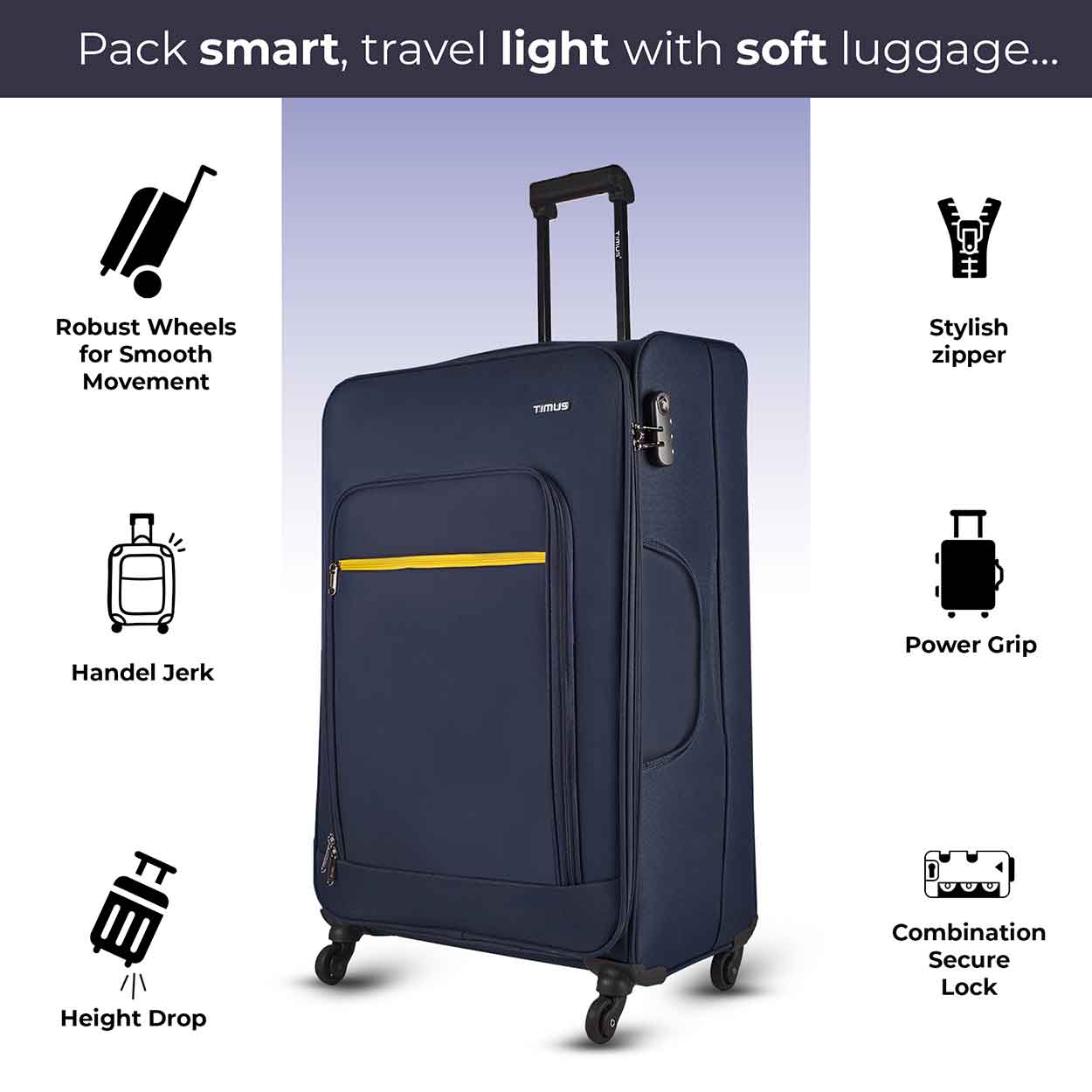 Front view of blue Nexon soft luggage with extended trolley handle, and icons showing wheels, grip, zipper, and secure lock features.