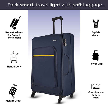 Front view of blue Nexon soft luggage with extended trolley handle, and icons showing wheels, grip, zipper, and secure lock features.