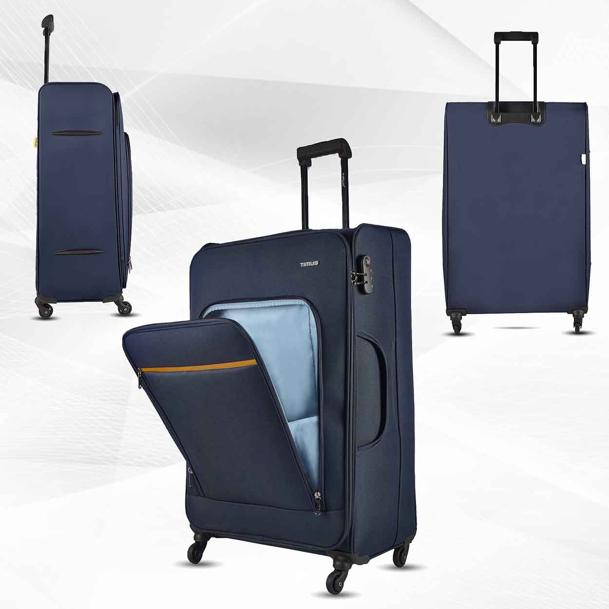 Blue nexon soft luggage shown from front, side, and rear angles, with front pocket unzipped to reveal light blue interior and yellow trim.