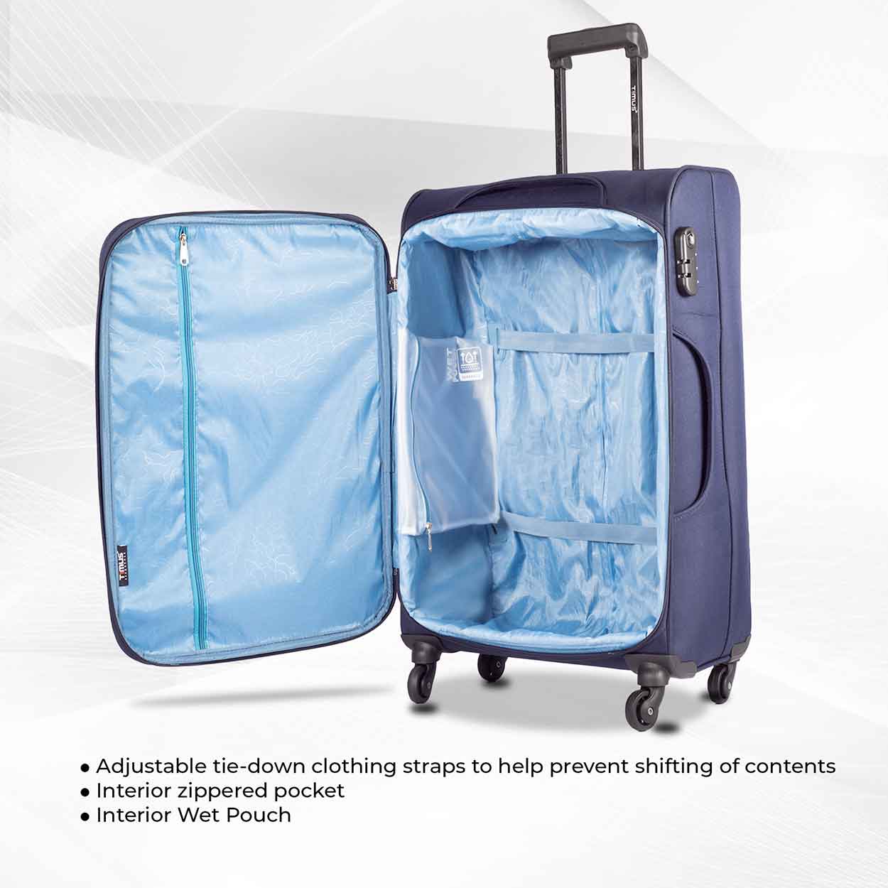 Open view of Nexon blue soft luggage showcasing light blue interior with adjustable tie-down straps, zippered pocket, and interior wet pouch.