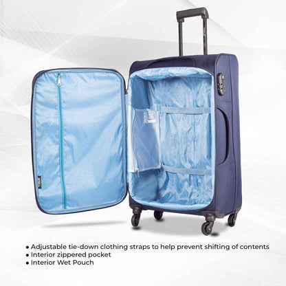 Open view of Nexon blue soft luggage showcasing light blue interior with adjustable tie-down straps, zippered pocket, and interior wet pouch.