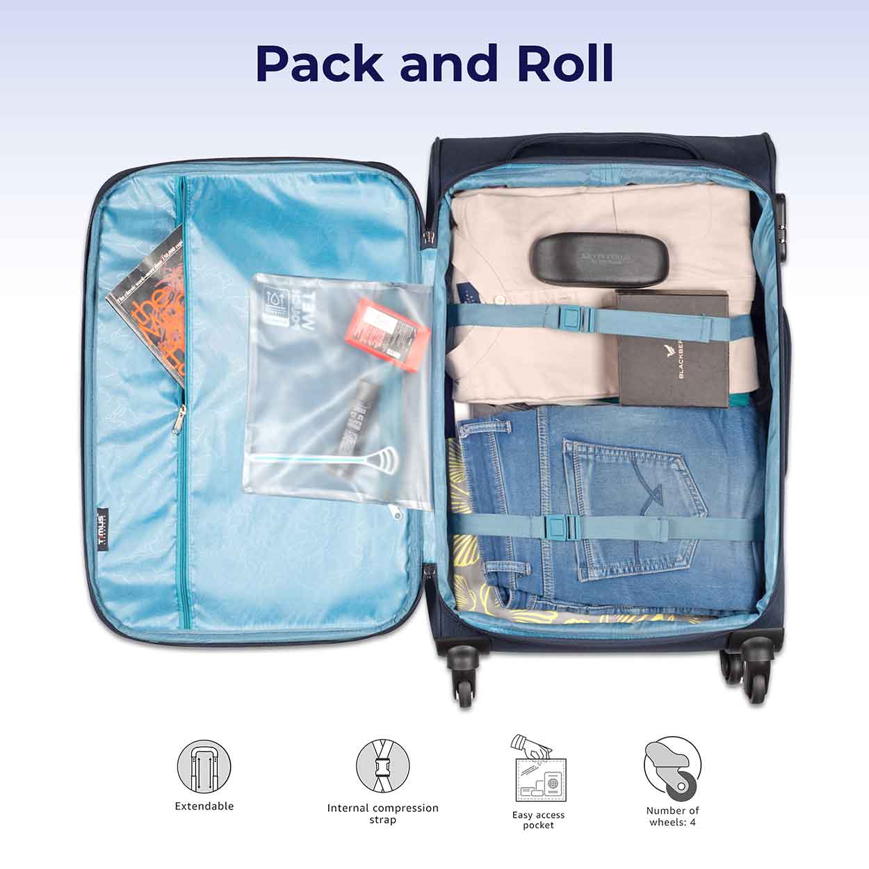 Open Nexon blue luggage filled with neatly packed clothes using compression straps, showing internal zip pocket and wet pouch on the flap.