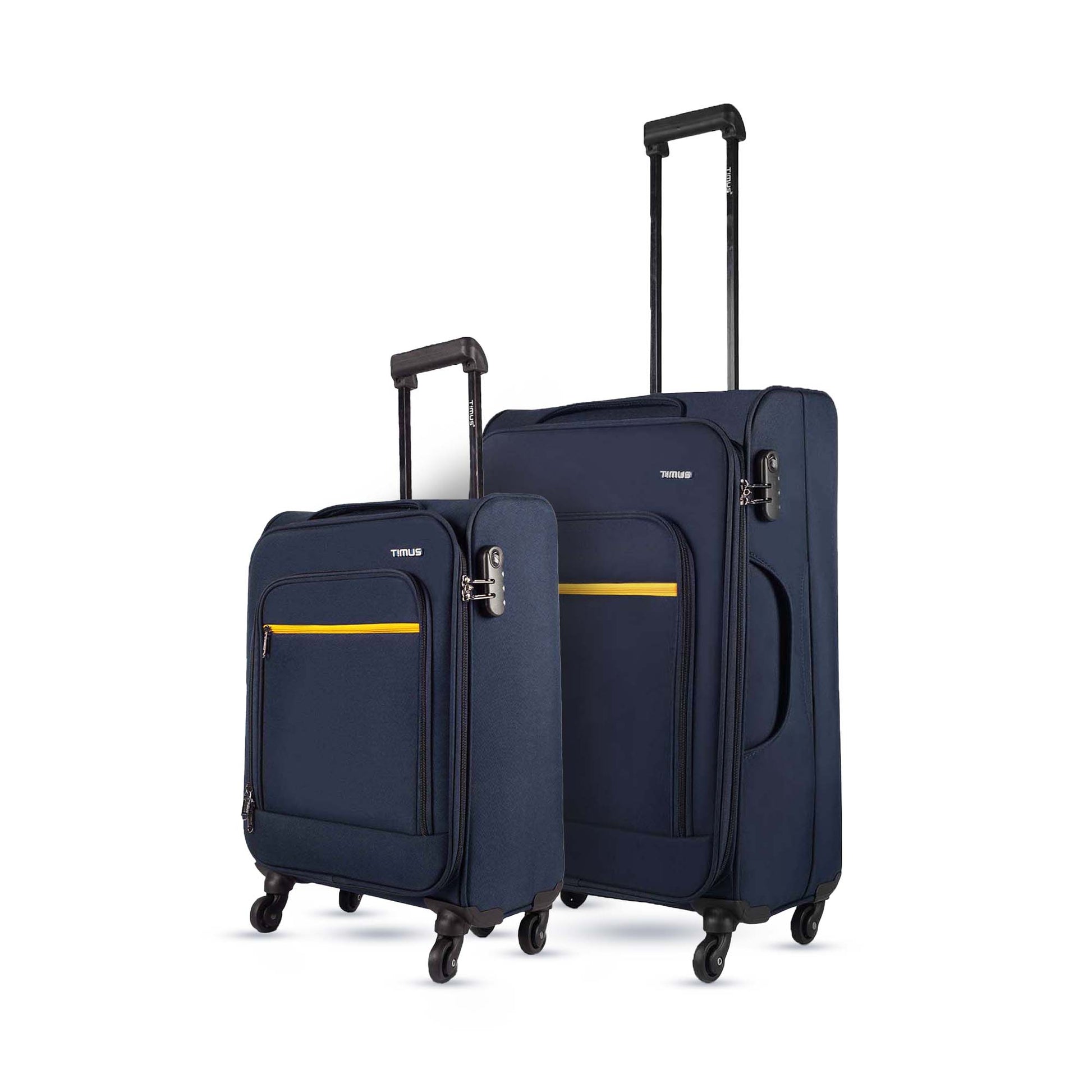 Side angle of Nexon soft luggage 58-68 combo in blue with yellow accents, showing trolley handles, combination locks, and 360-degree wheels.