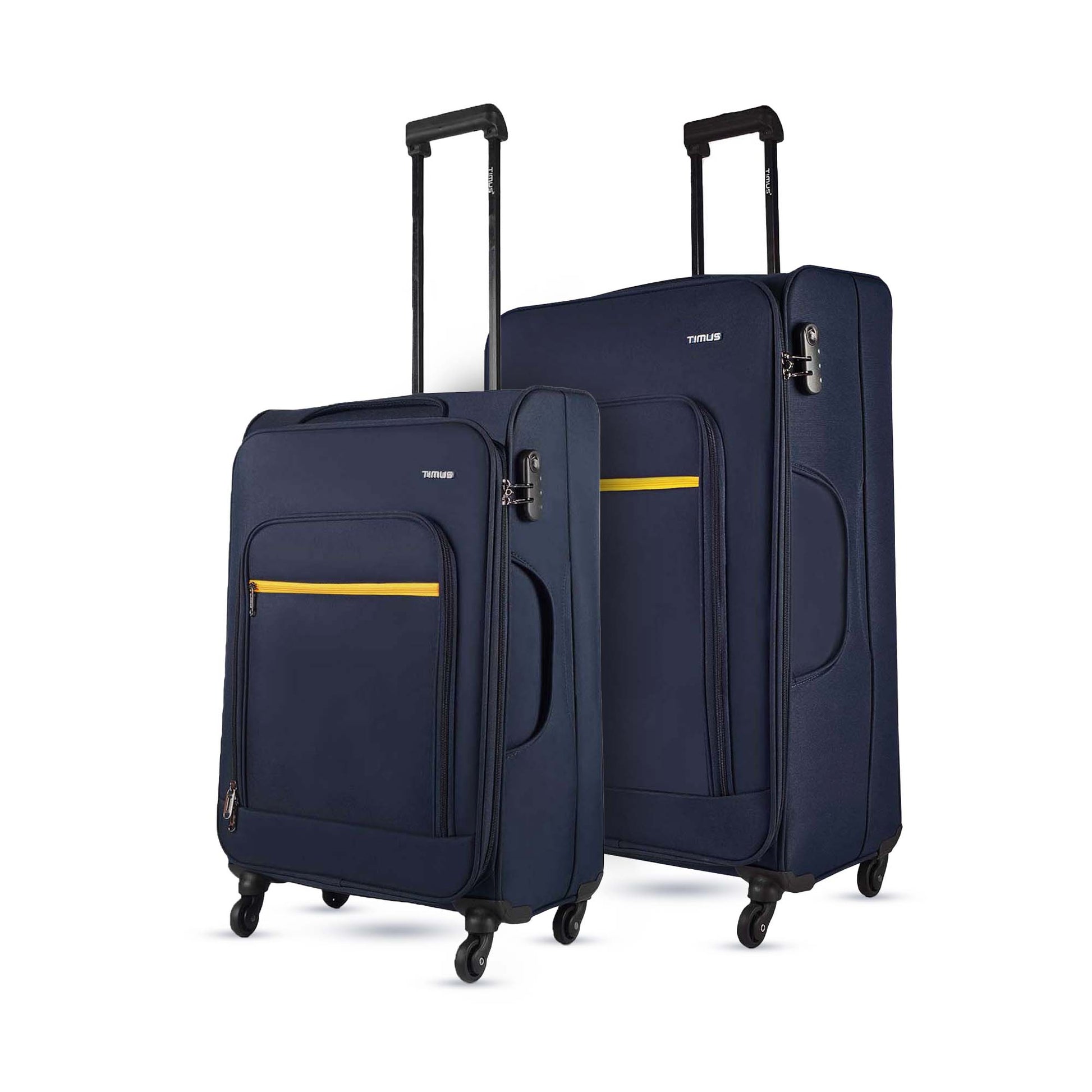 Side angle of Nexon blue luggage set with yellow accents, showing combination locks, trolley handles, and 360-degree double wheels.